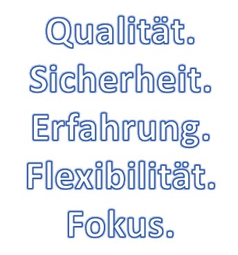 folgende woerter; qualitaet, sicherheit, erfahrung, flexibilitaet, fokus